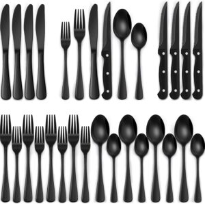 EWFEN 24-Piece Black Silverware Set with Steak Knives, Black Flatware Set for 4, Food-Grade Stainless Steel Tableware Cutlery Set, Mirror Finished Utensil Sets for Home Restaurant, Round Edge