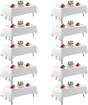 FINDYOU 10 Pack White Table Cloth Rectangle Table 60 x 102 Inch Tablecloths for 6 Foot Rectangle Tables. Stain and Winkle Resistant Polyester Washable White TableCloths for Parties Wedding Dining