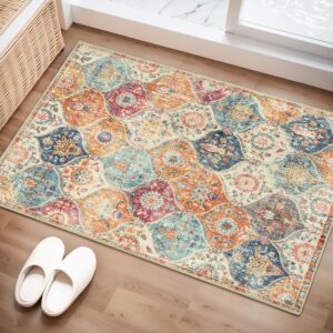 Lahome Moroccan Trellis Washable Rug, 2x3 Kitchen Rugs for Entryway Bathroom, Non-Slip Indoor Door Mat Ultra-Thin, Small Oriental Throw Carpet for Bedroom Entry Elise, Cream/Multi